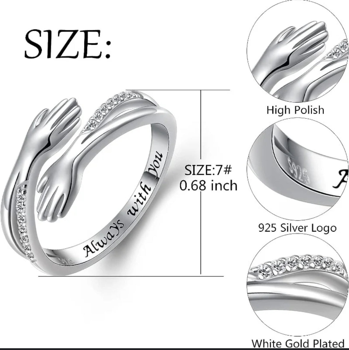 Silver Hug Ring Cubic Zirconia Stones  (adjustable size) Silver Sterling 925 Hallmarked