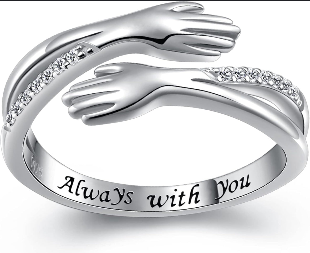 Silver Hug Ring Cubic Zirconia Stones  (adjustable size) Silver Sterling 925 Hallmarked