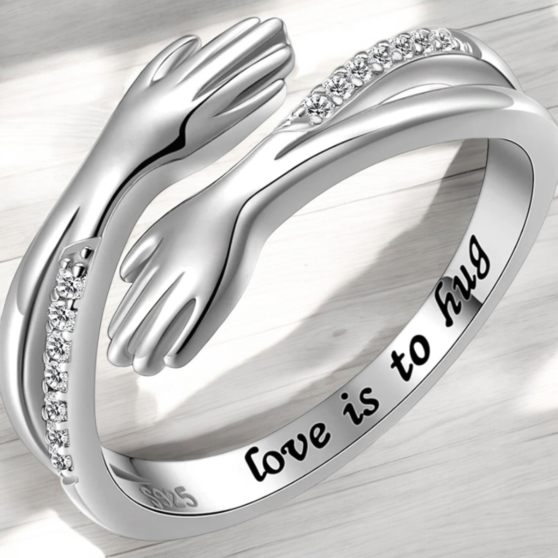 Silver Hug Ring Cubic Zirconia Stones  (adjustable size) Silver Sterling 925 Hallmarked