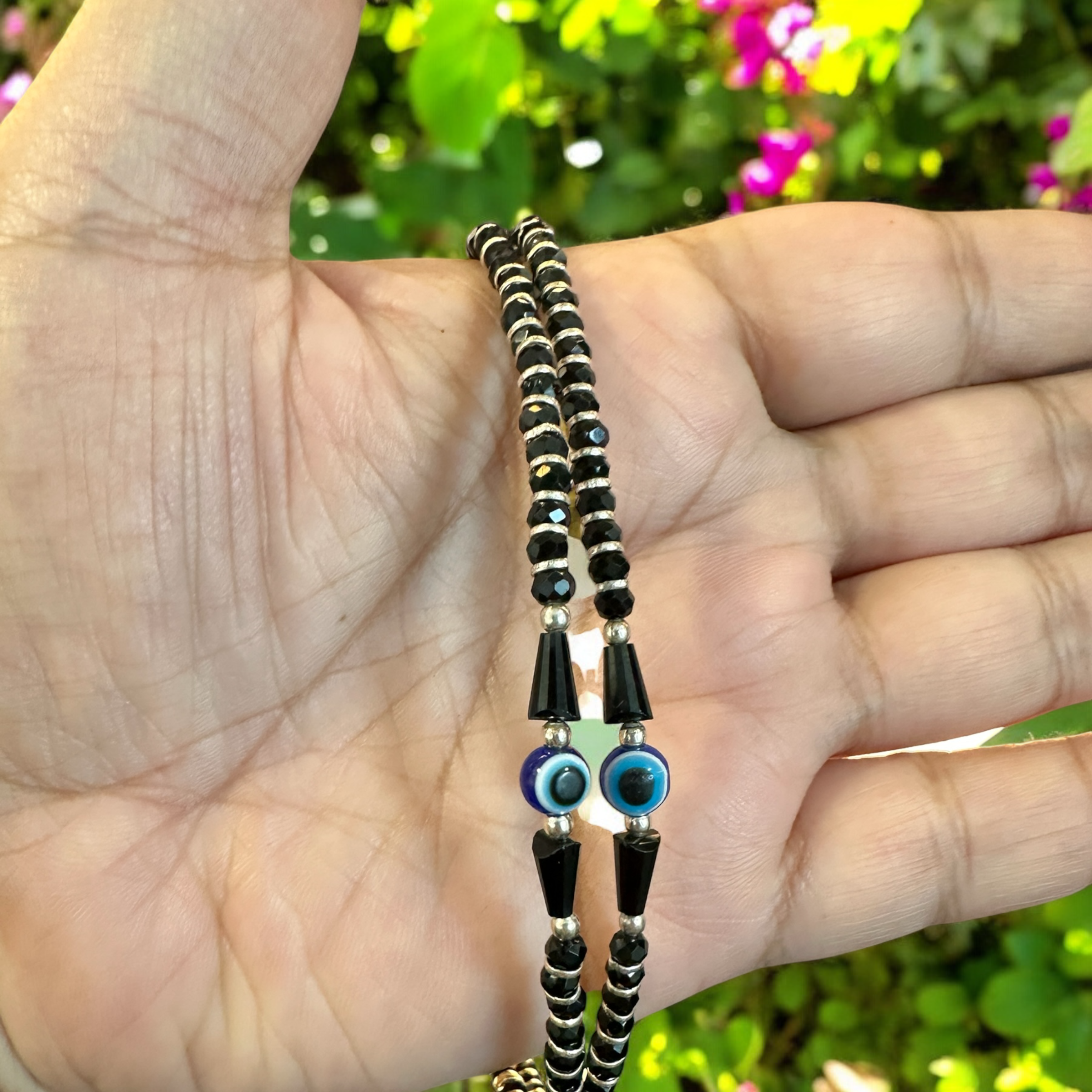 Anklet 925 Pure Silver Evil Eye .Nazarbattu Anklet in Black Beads
