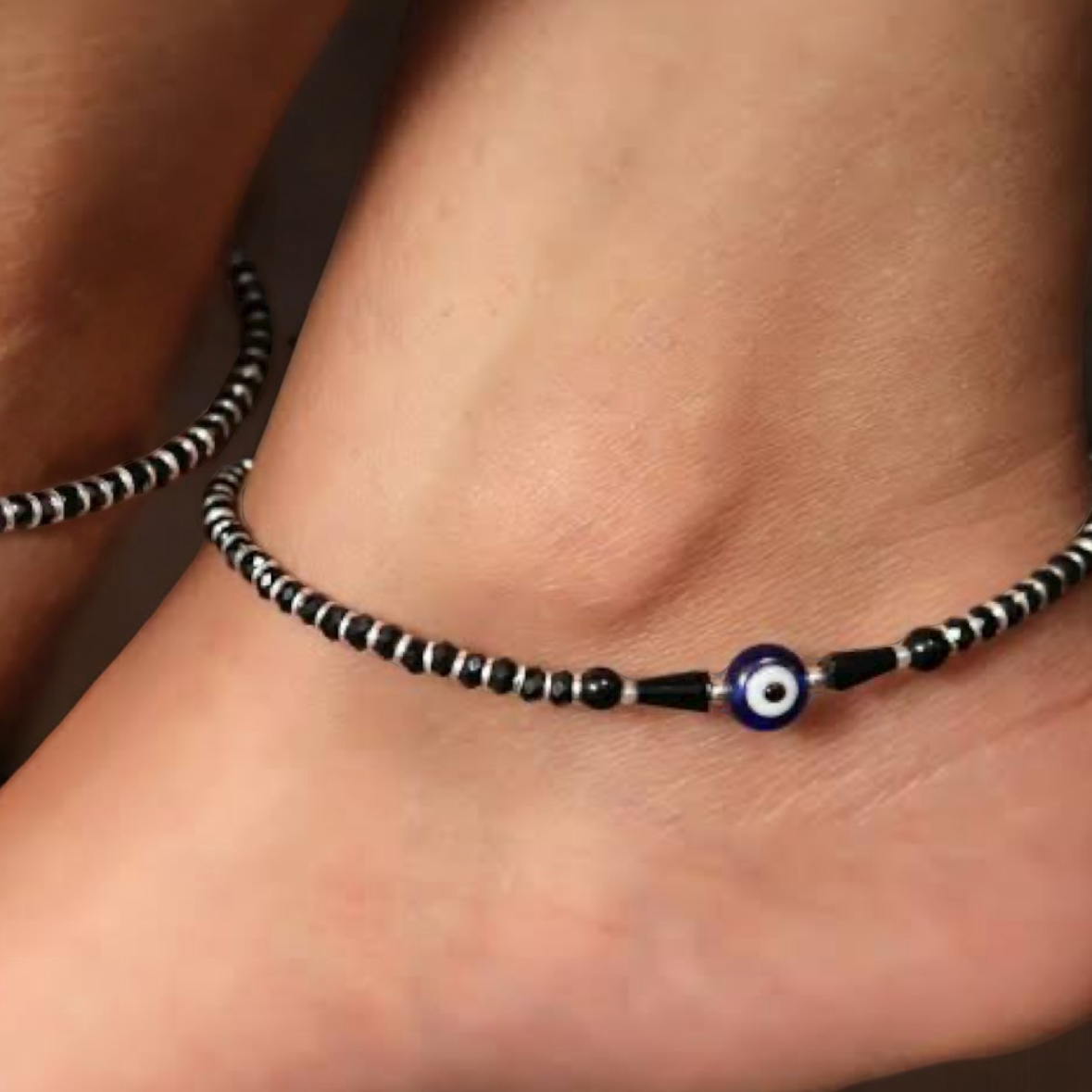 Anklet 925 Pure Silver Evil Eye .Nazarbattu Anklet in Black Beads
