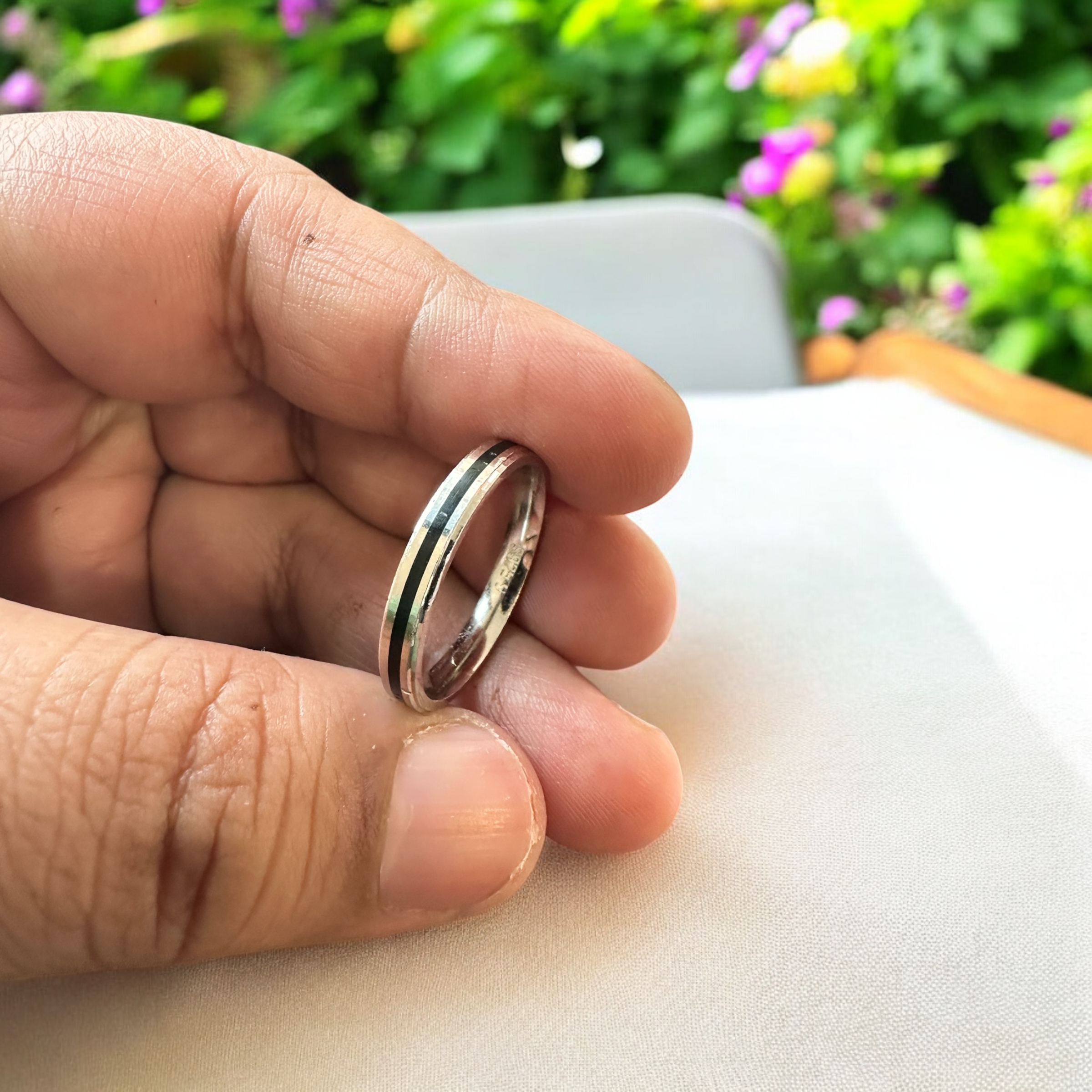 Men Band Black line single Silver Sterling 925 Hallmarked Ring