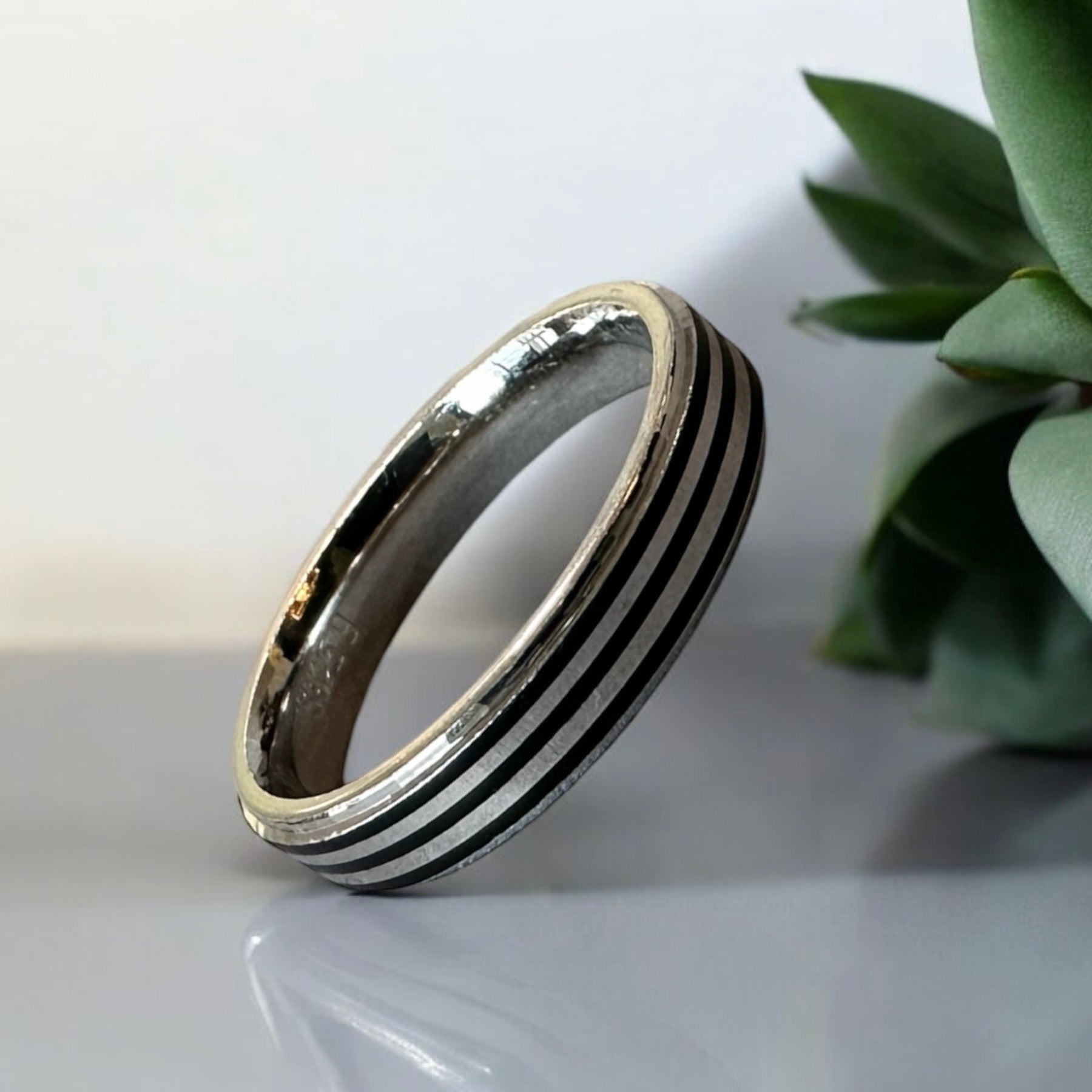 Mens Black Tripple line Band Silver Sterling 925 Hallmarked