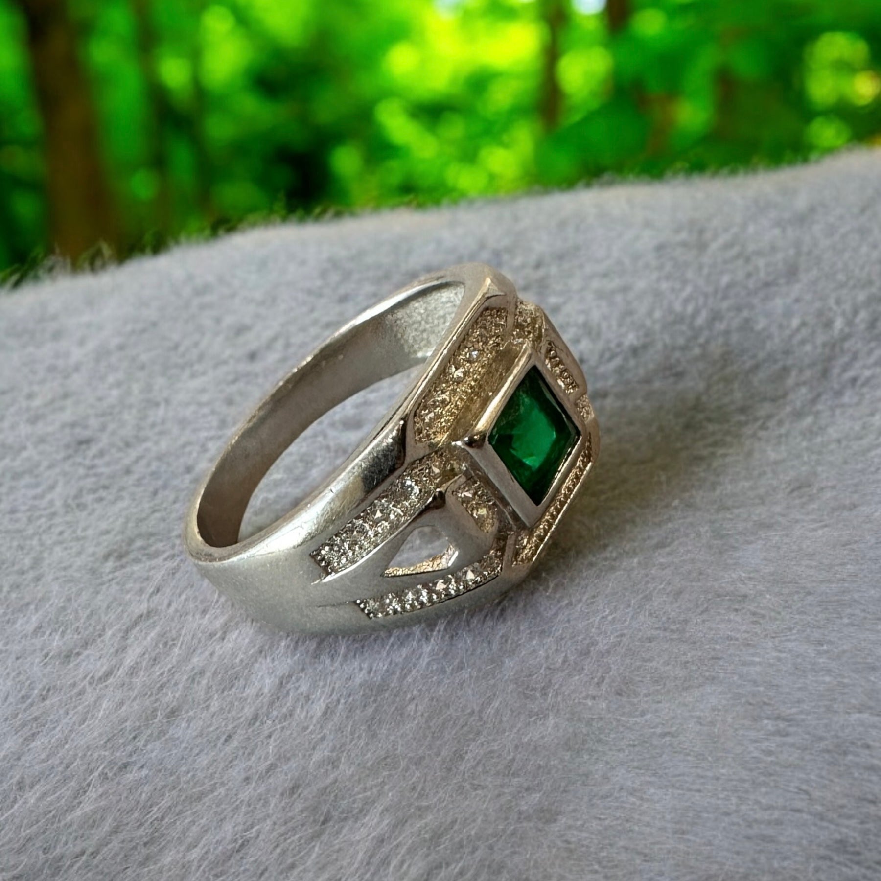 Men Green Stone Square Zircon Silver Sterling 925 Hallmarked Ring