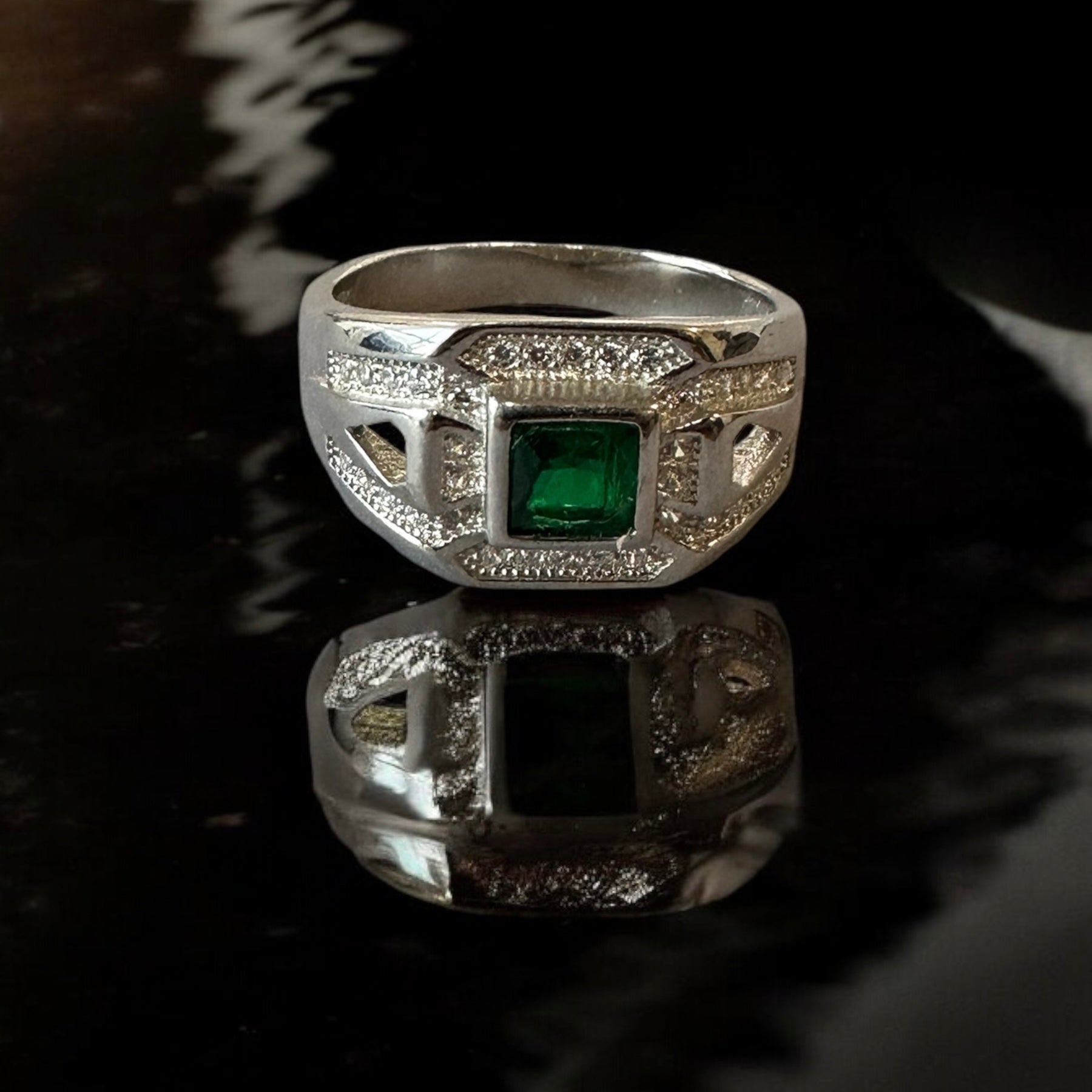 Men Green Stone Square Zircon Silver Sterling 925 Hallmarked Ring