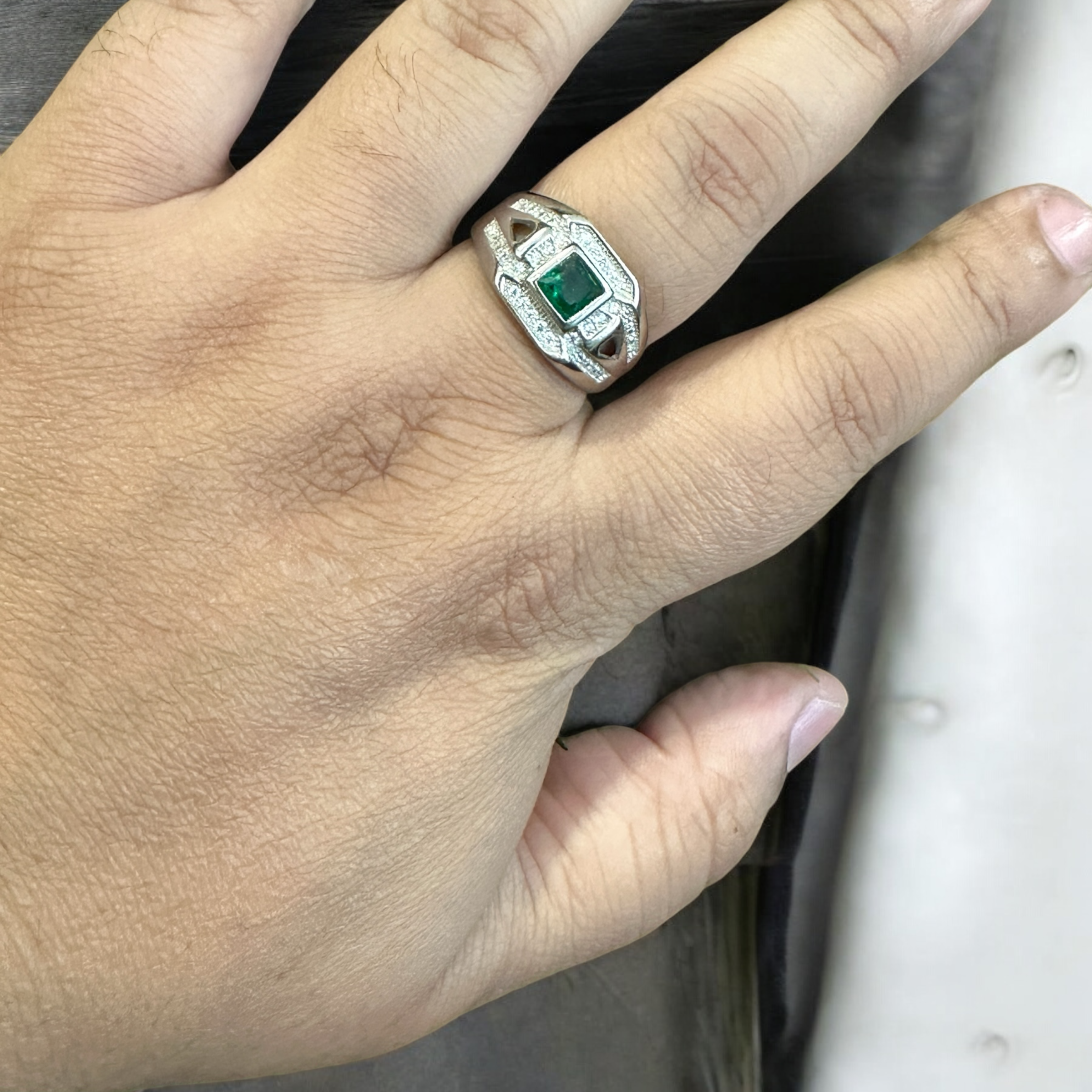 Men Green Stone Square Zircon Silver Sterling 925 Hallmarked Ring