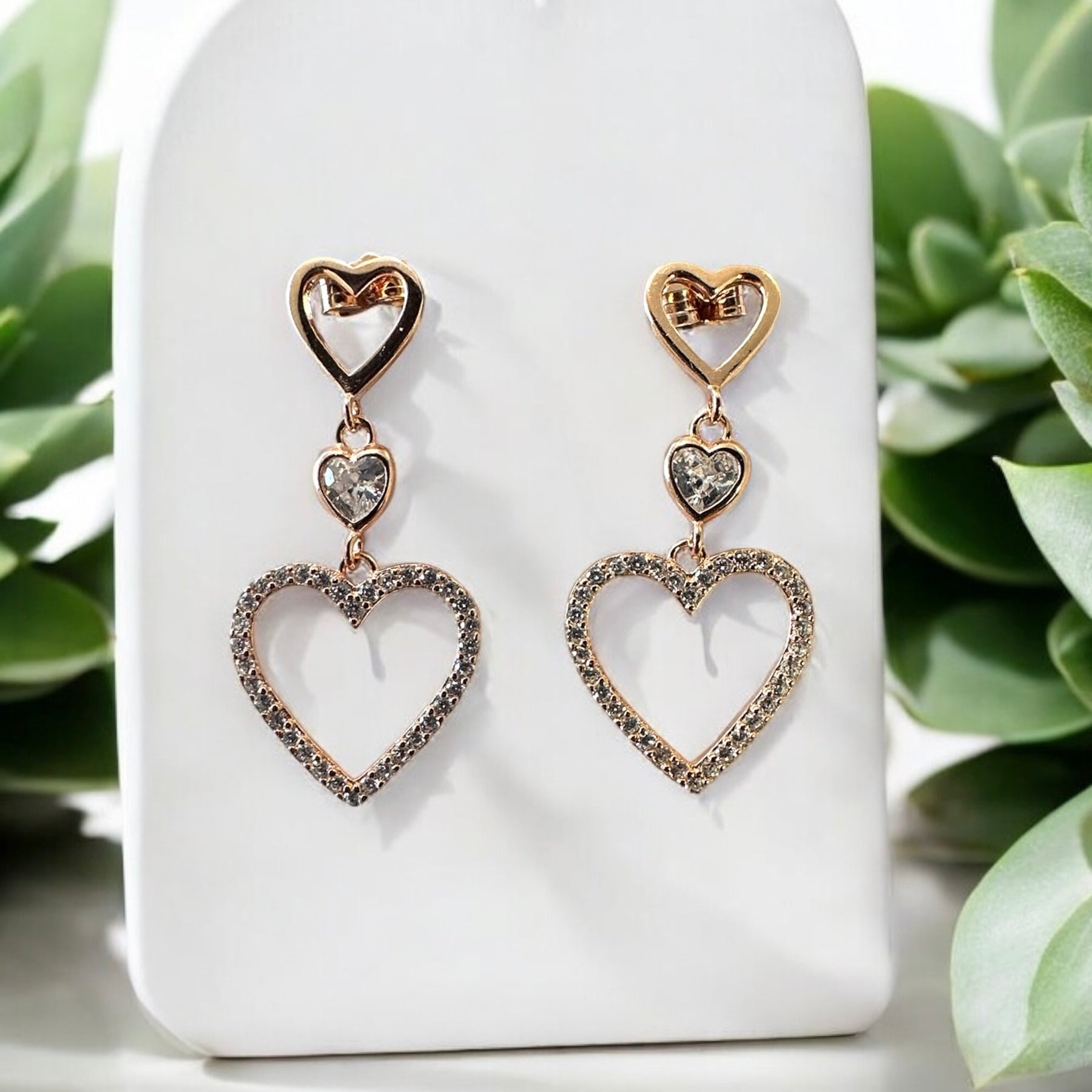 Earring Rose Gold Heart Zircon Silver Sterling 925 Hallmarked