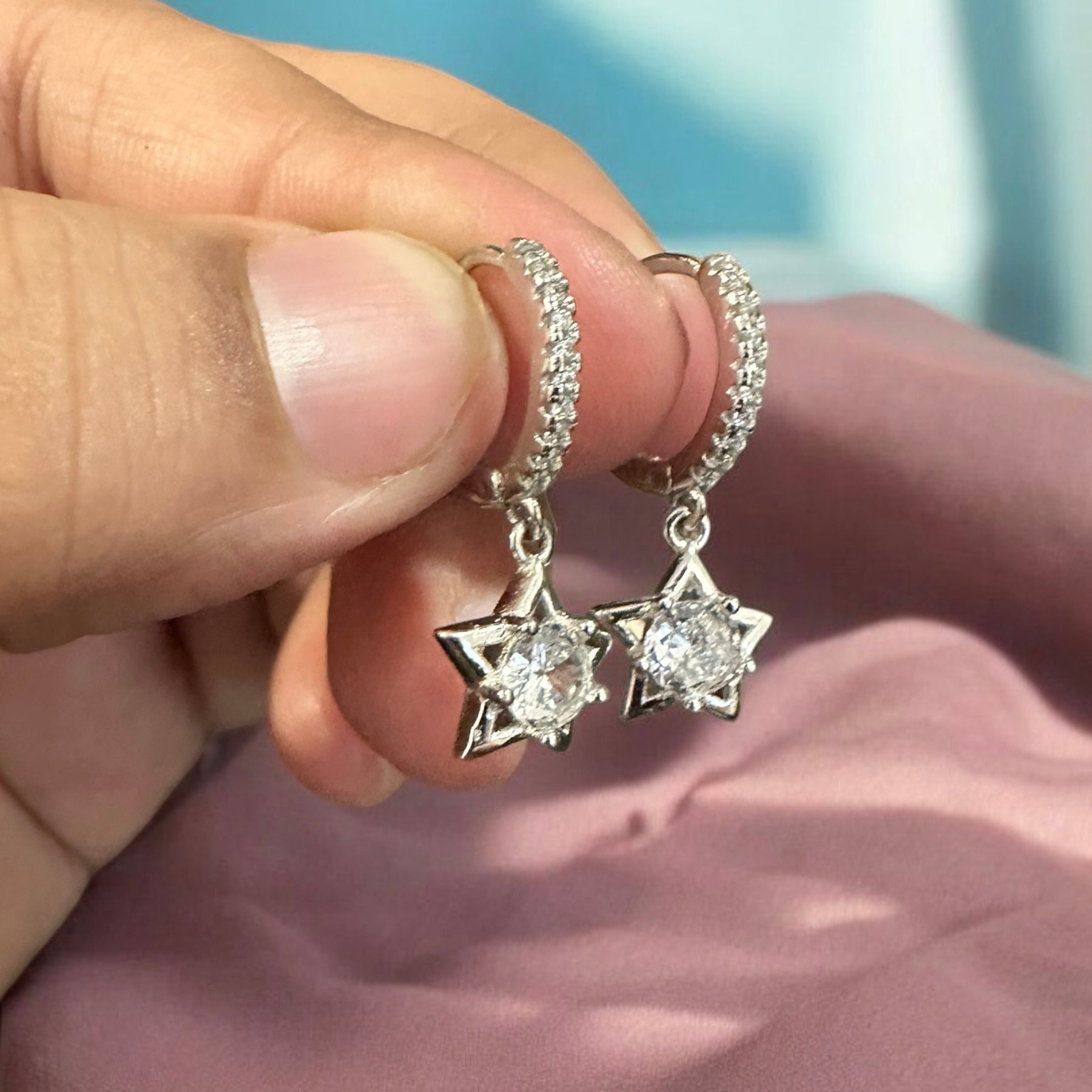 Earring Star Hanging stone Silver Sterling 925 Hallmarked